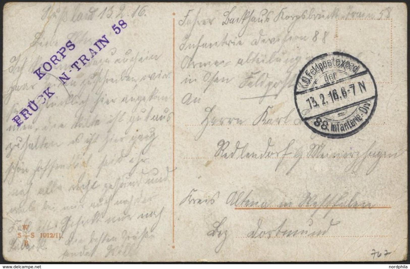 LETTLAND 767 BRIEF, K.D. FELDPOSTEXPED. 88. INFANTERIE-DIV., 13.2.16, Auf Farbiger Ansichtskarte (Hurra! Der Train Ist D - Latvia