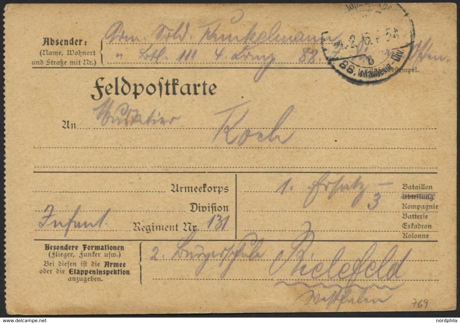 DT. FP IM BALTIKUM 1914/18 K.D. FELDPOSTEXPED. DER 88. INFANTERIE-DIV. B, 1.2.16, Auf Feldpost-Vordruckkarte Von Vor Dün - Letland