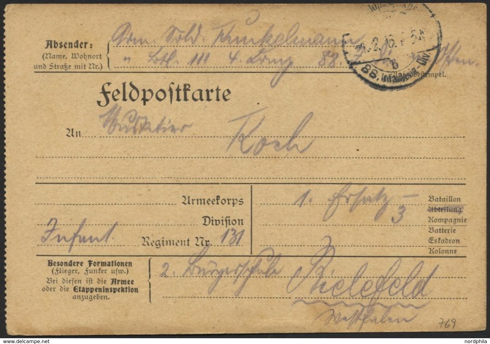 DT. FP IM BALTIKUM 1914/18 K.D. FELDPOSTEXPED. DER 88. INFANTERIE-DIV. B, 1.2.16, Auf Feldpost-Vordruckkarte Von Vor Dün - Lettonie