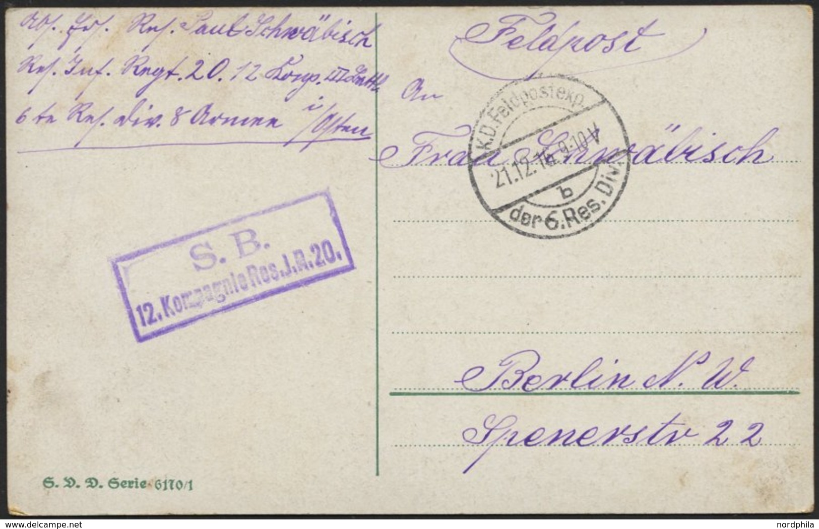 DT. FP IM BALTIKUM 1914/18 K.D. FELDPOSTEXP. DER 6. RES. DIV. B, 21.12.16, Auf Farbiger Kitschkarte (Herzliche Weihnacht - Latvia