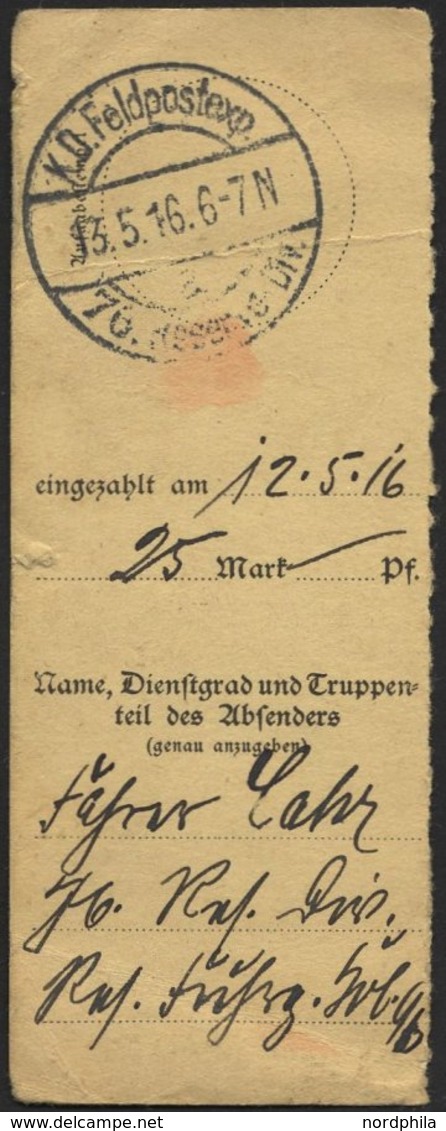 DT. FP IM BALTIKUM 1914/18 K.D. FELDPOSTEXP. 76. RESERVE DIV. A, 13.5.16, Auf Empfängerabschnitt Für Feldpost-Postanweis - Lettonia