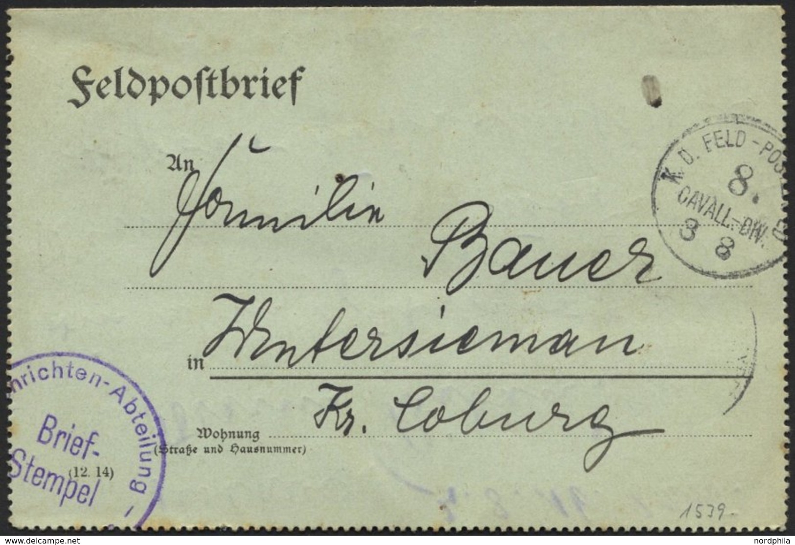 DT. FP IM BALTIKUM 1914/18 K.D. FELD-POSTESPED. 8. CAVALL. DIV., 3.8.16, Auf Feldpostbrief In Den Kreis Coburg, Mit Viol - Lettonie