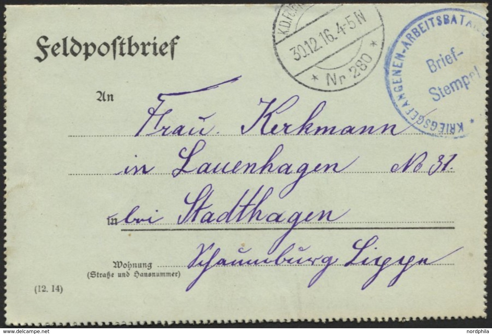 LETTLAND 2213I BRIEF, K.D. FELDPOSTSTATION NR. 280 **, Type I, 30.12.16, Auf Feldpostfalt-Brief Von Wainoden Nach Stadth - Latvia