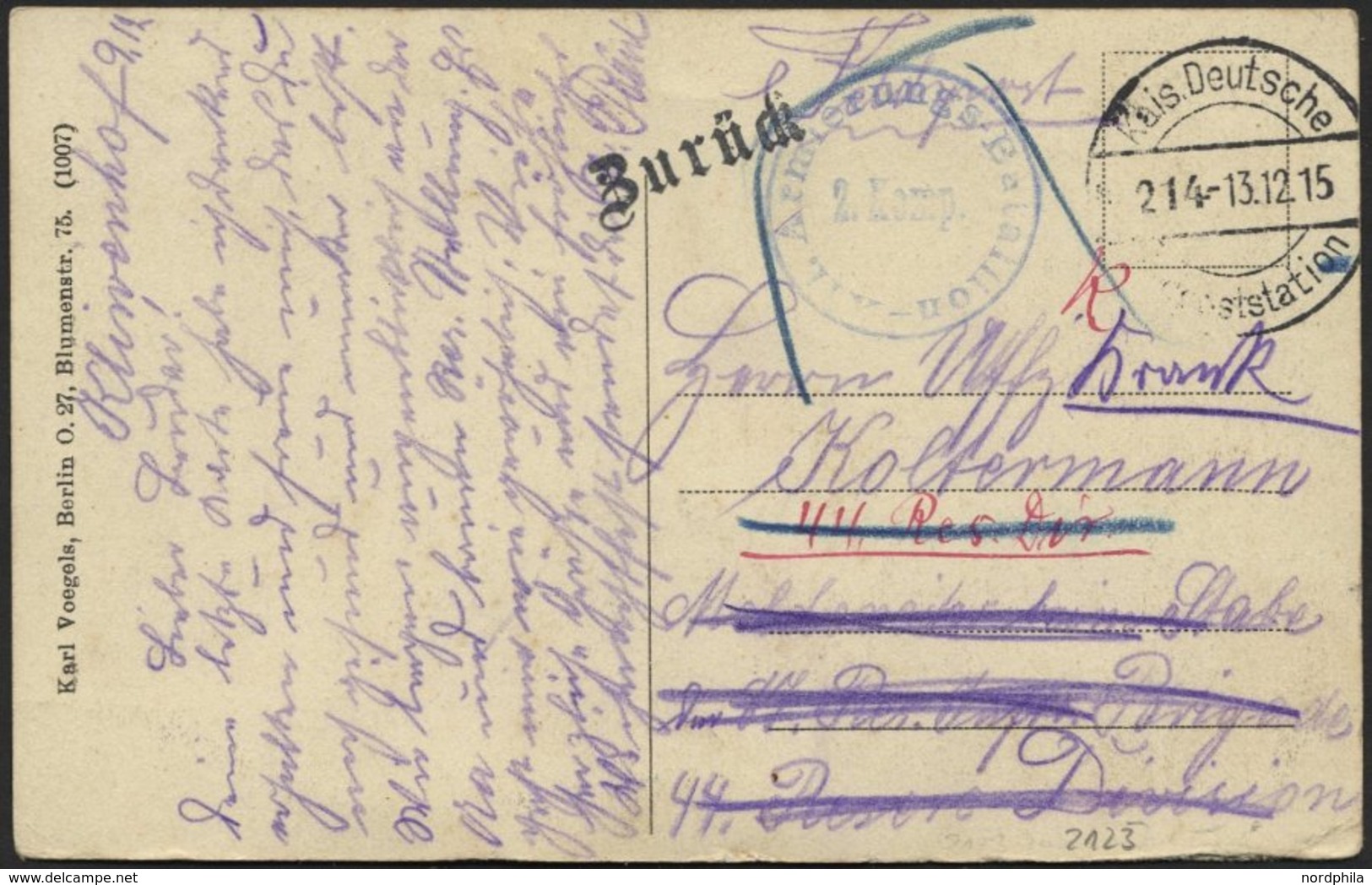 LETTLAND 2123 BRIEF, KAIS. DEUTSCHE FELDPOSTSTATION NR. 214, 13.12.15, Auf Kitschkarte (Der Letzte Ritt) Mit Blauem Trup - Lettonie