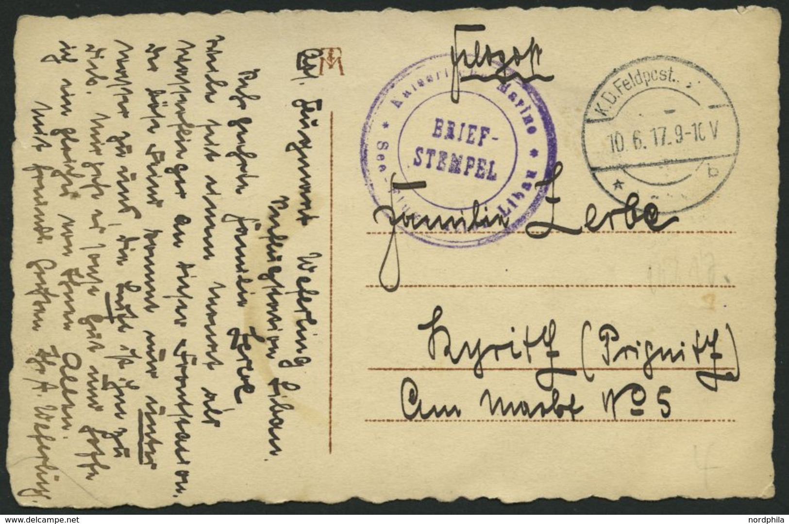 FELDPOST I.WK 1917, Feldpost-Ansichtskarte (Flieger Adolf Weferling) Mit Violettem Briefstempel KAISERLICHE MARINE - SEE - Oblitérés