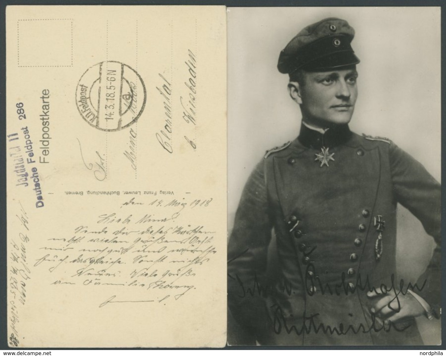 FELDPOST I.WK 1918, Feldpostkarte Mit Violettem L2 JAGDSTAFFEL 11 DEUTSCHE FELDPOST 286, Dazu Ansichtskarte Von Richthof - Usados