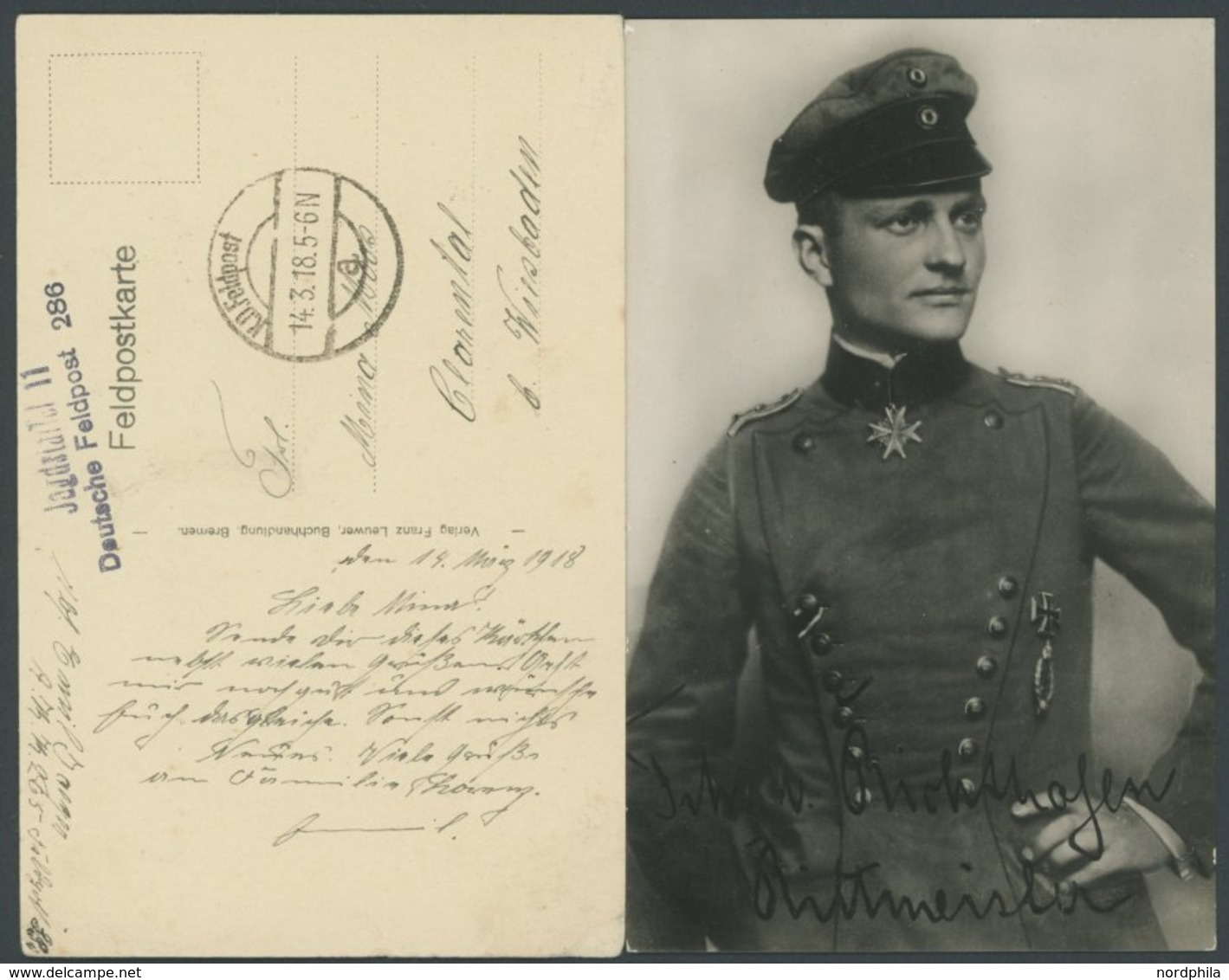 FELDPOST I.WK 1918, Feldpostkarte Mit Violettem L2 JAGDSTAFFEL 11 DEUTSCHE FELDPOST 286, Dazu Ansichtskarte Von Richthof - Usati