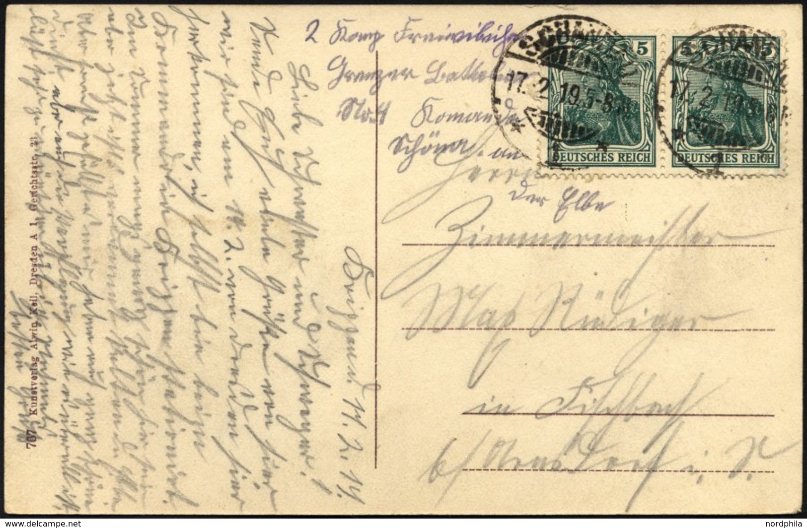 FELDPOST I.WK 70 Paar BRIEF, 1919, 5 Pf. Grün Im Waagerechten Paar Auf Postkarte Aus SCHANDAU/Sächs. Schweiz Mit Handsch - Oblitérés