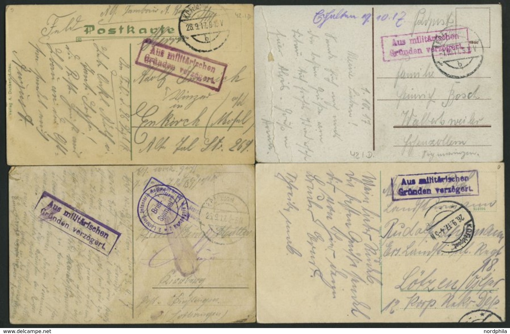 FELDPOST I.WK 1915/17, 7 Feldpostkarten Aus Dem Baltikum, Mit Verschiedenen Stempeln Aus Militärischen Gründen Verzögert - Used Stamps