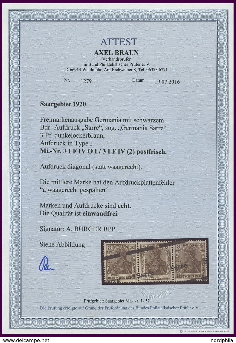 SAARGEBIET 3I F IV **, 1920, 3 Pf. Dunkelockerbraun, Type I, Diagonaler Aufdruck Im Waagerechten Dreierstreifen, Mittler - Autres & Non Classés