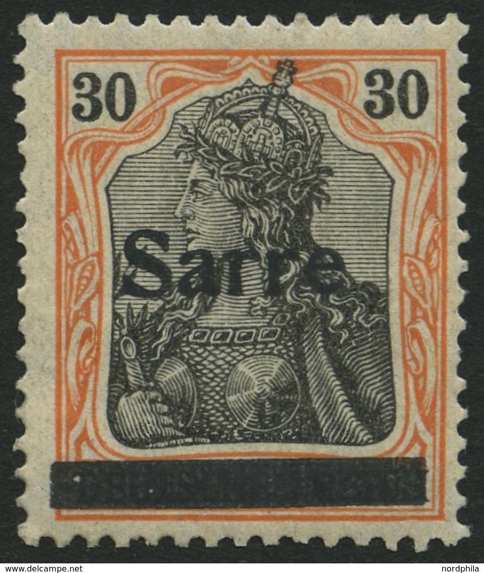 SAARGEBIET 10yI *, 1920, 30 Pf. Dunkelrotorange/schwarz Auf Orangeweiß, Type I, Falzreste, Ein Kurzer Zahn Sonst Pracht, - Other & Unclassified