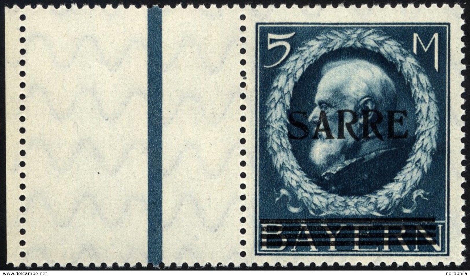 SAARGEBIET 30L **, 1920, 5 M. Bayern-Sarre Mit Anhängendem Leerfeld, Pracht, Gepr. Burger, Mi. 3000.- - Autres & Non Classés