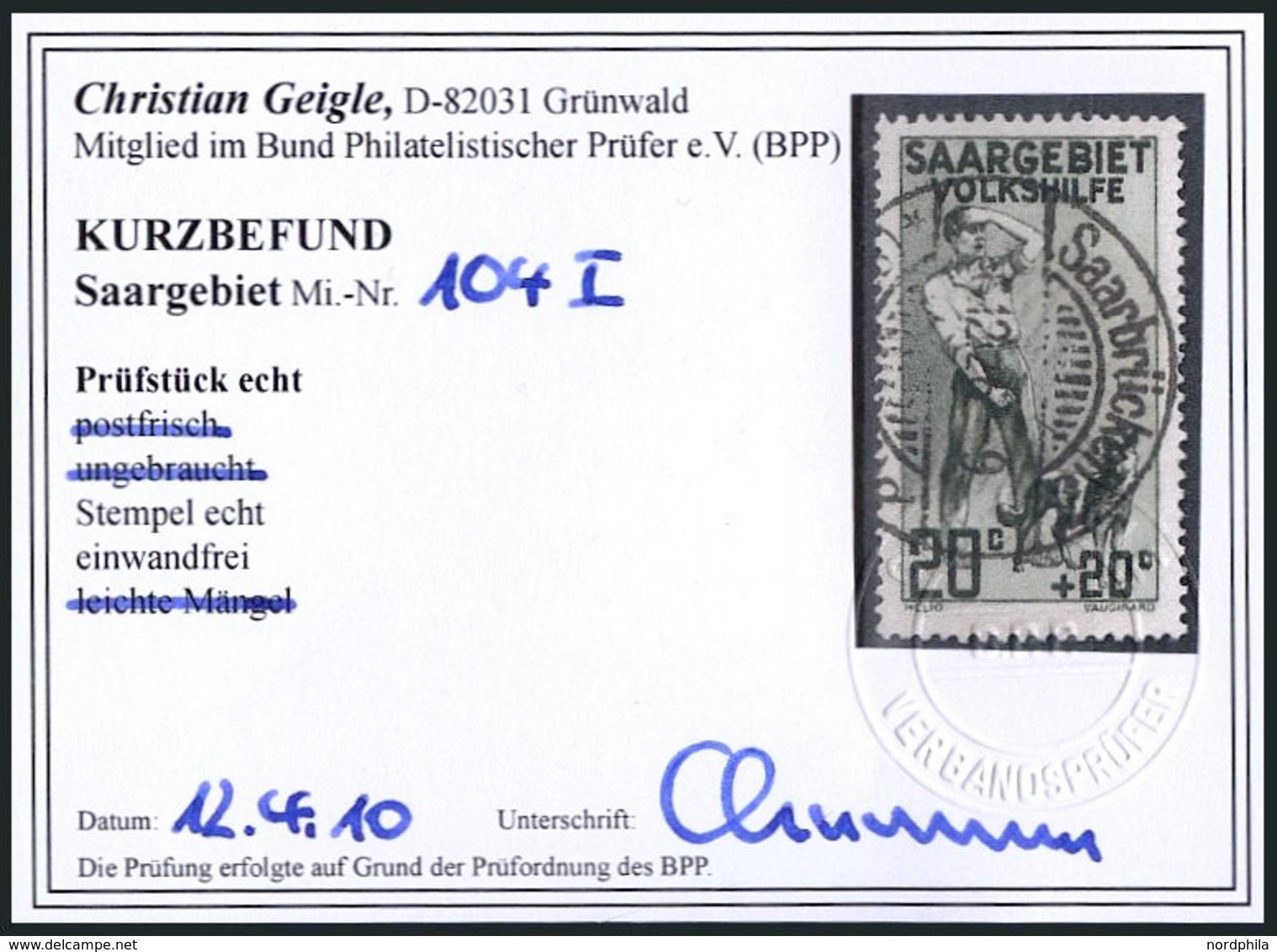 SAARGEBIET 104I O, 1926, 20 C. Volkshilfe Mit Abart Rahmen über T Von Saargebiet Gebrochen, Pracht, Kurzbefund Geigle, M - Other & Unclassified