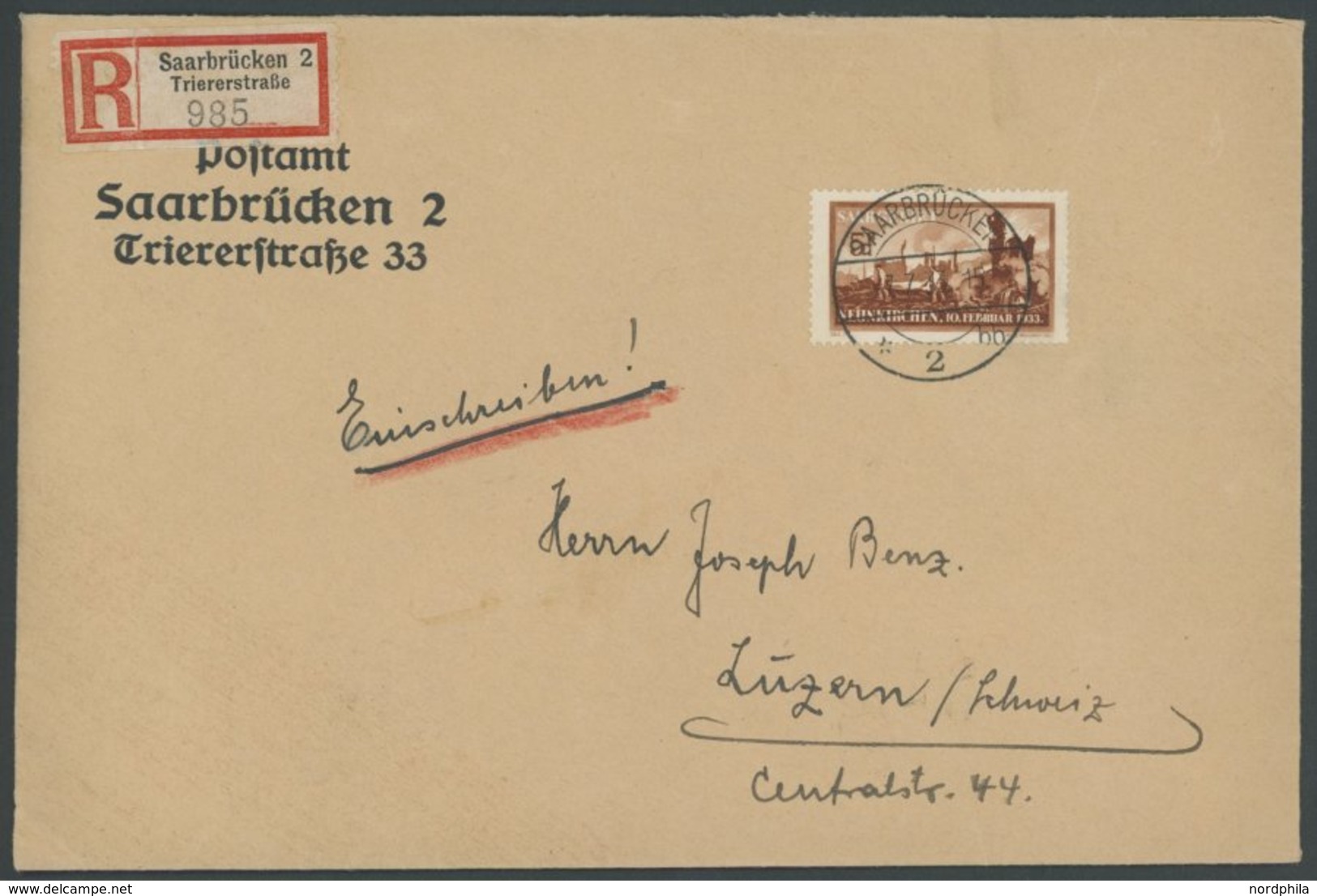SAARGEBIET 170 BRIEF, 1933, 5 Fr. Explositionsunglück Auf überfrankiertem Einschreibbrief Nach Luzern, Pracht - Autres & Non Classés