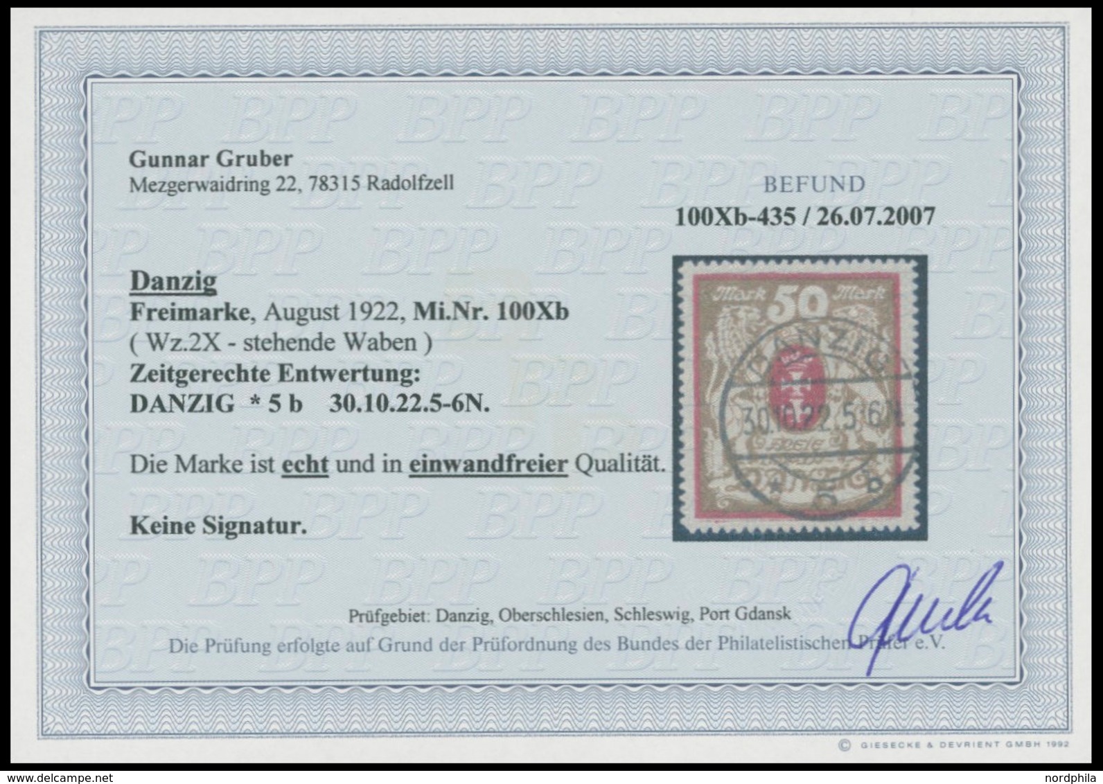 FREIE STADT DANZIG 100Xb O, 1922, 50 M. Lilarot/gold, Wz. X, Zeitgerechte Entwertung DANZIG 5b, Pracht, Fotobefund Grube - Andere & Zonder Classificatie