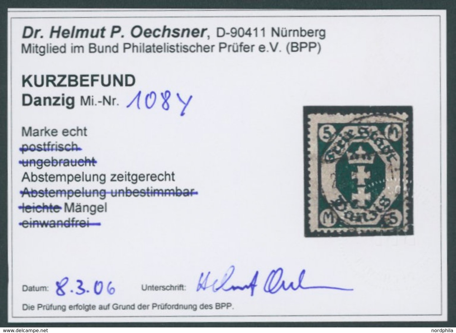 FREIE STADT DANZIG 108Y O, 1922, 5 Pf. Schwärzlichopalgrün, Wz. Liegend., Zeitgerechte Entwertung, Feinst, Kurzbefund Dr - Andere & Zonder Classificatie