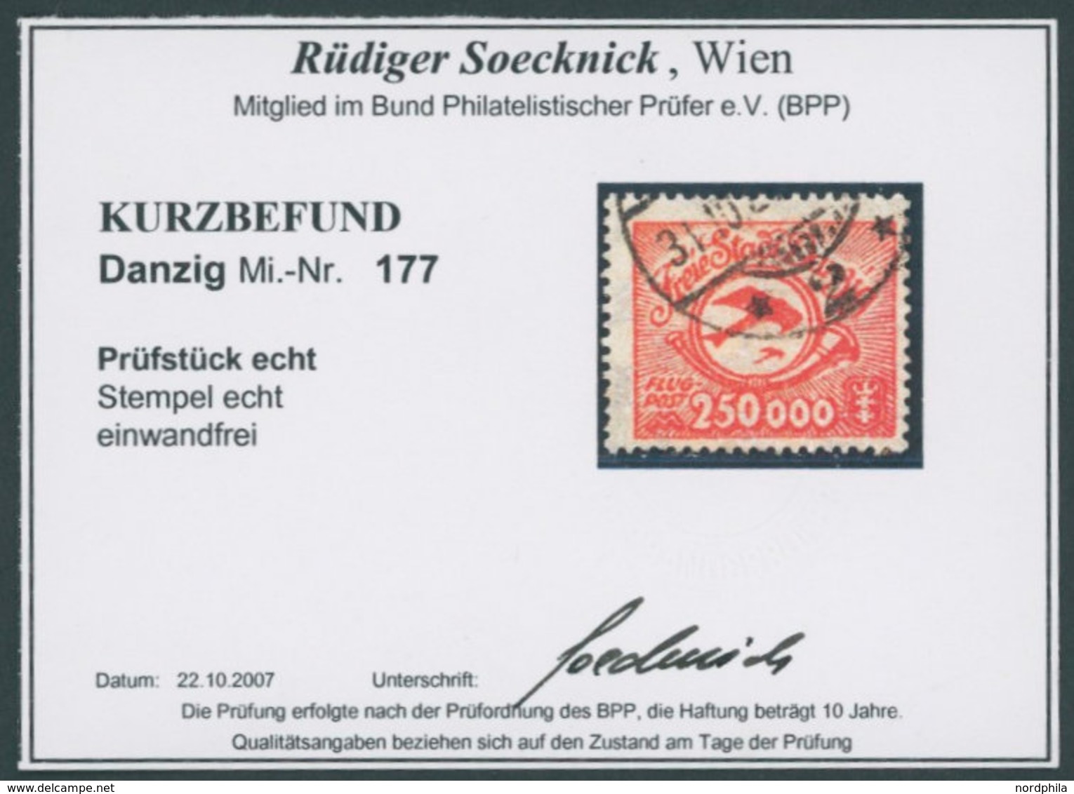 FREIE STADT DANZIG 177 O, 1923, 250000 M. Lebhaftrot, Zeitgerechte Entwertung, Pracht, Kurzbefund Soecknick, Mi. 480.- - Otros & Sin Clasificación