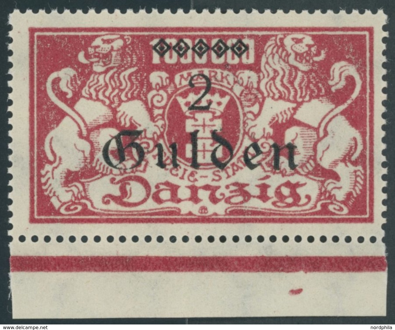 FREIE STADT DANZIG 190II **, 1923, 2 G. Auf 1 Mio.M. Lilarot Mit Aufdruckfehler U In Gulden Unten Offen, Postfrisch, Pra - Autres & Non Classés