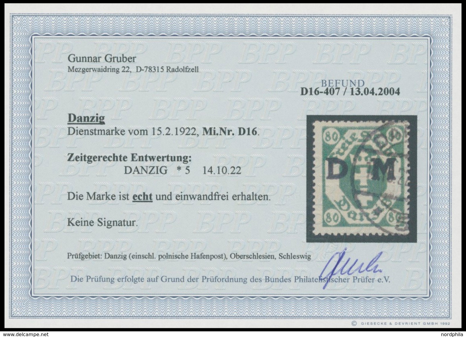 DIENSTMARKEN D 16 O, 1922, 80 Pf. Dunkelgrün, Zeitgerechte Entwertung DANZIG 5, Pracht, Fotobefund Gruber, Mi. 300.- - Autres & Non Classés