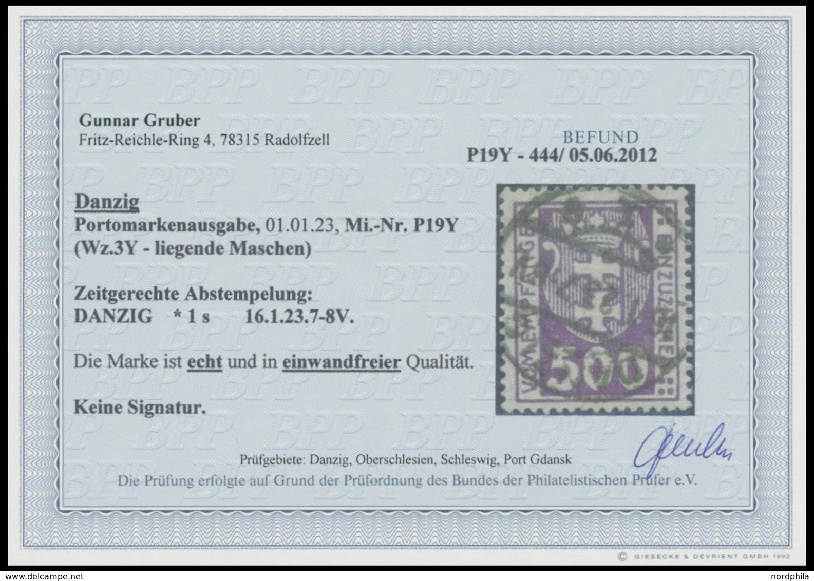 PORTOMARKEN P 19Y O, 1923, 500 Pf. Dunkelpurpur, Wz. 3Y, Zeitgerechte Entwertung DANZIG 1s, Pracht, Fotobefund Gruber, M - Other & Unclassified