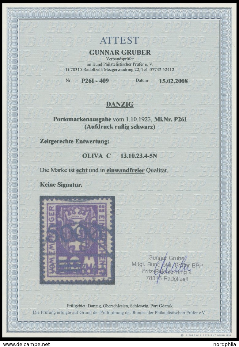 PORTOMARKEN P 26I O, 1923, 5000 Auf 50 M. Dunkelpurpur, Aufdruck Rußig, Zeitgerechte Entwertung OLIVA C, Pracht, Fotoatt - Altri & Non Classificati