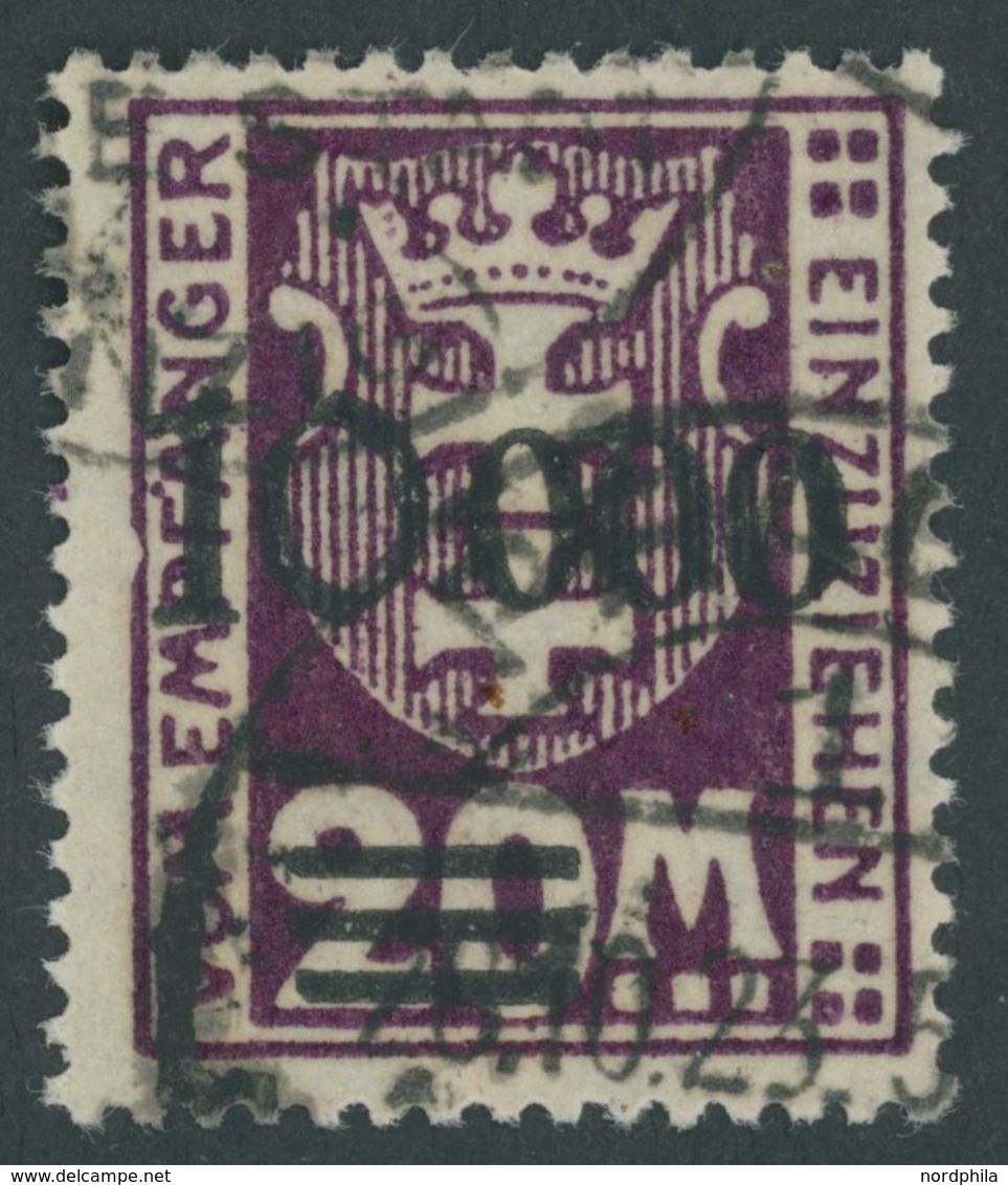 PORTOMARKEN P 27I O, 1923, 10000 Auf 20 M Dunkelpurpur, Aufdruck Rußig, Zeitgerechte Entwertung PRAUST 1, Pracht, Fotoat - Autres & Non Classés