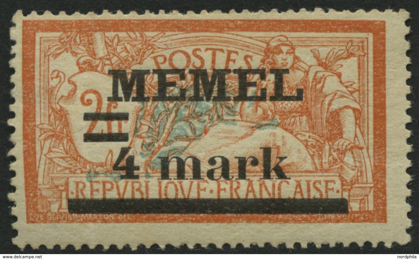 MEMELGEBIET 31yIPF Ia **, 1920, 4 M. Auf 2 Fr. Rötlichorange/hellgrünlichblau, Type I, Mit Abart Querbalken Der 4 Verdic - Memel (Klaipeda) 1923