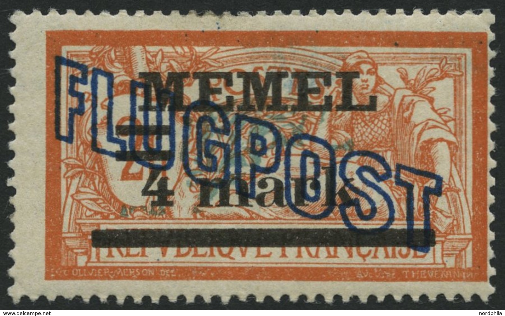 MEMELGEBIET 46Ia *, 1921, 4 M. Auf 2 Fr. Rötlichorange/grautürkis Mit Abart 4 Verdickt, Falzreste, Normale Zähnung, Prac - Klaipeda 1923