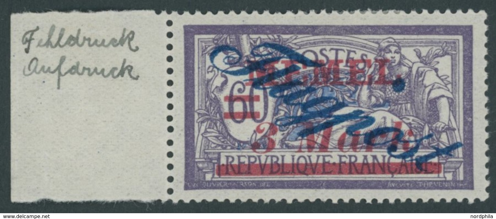 MEMELGEBIET 79 *, 1922, 3 M. Auf 60 C. Dunkelgrauviolett/kobalt Mit Abart Großer Blauer Punkt Hinter Memel, Falzrest, Pr - Memel (Klaïpeda) 1923