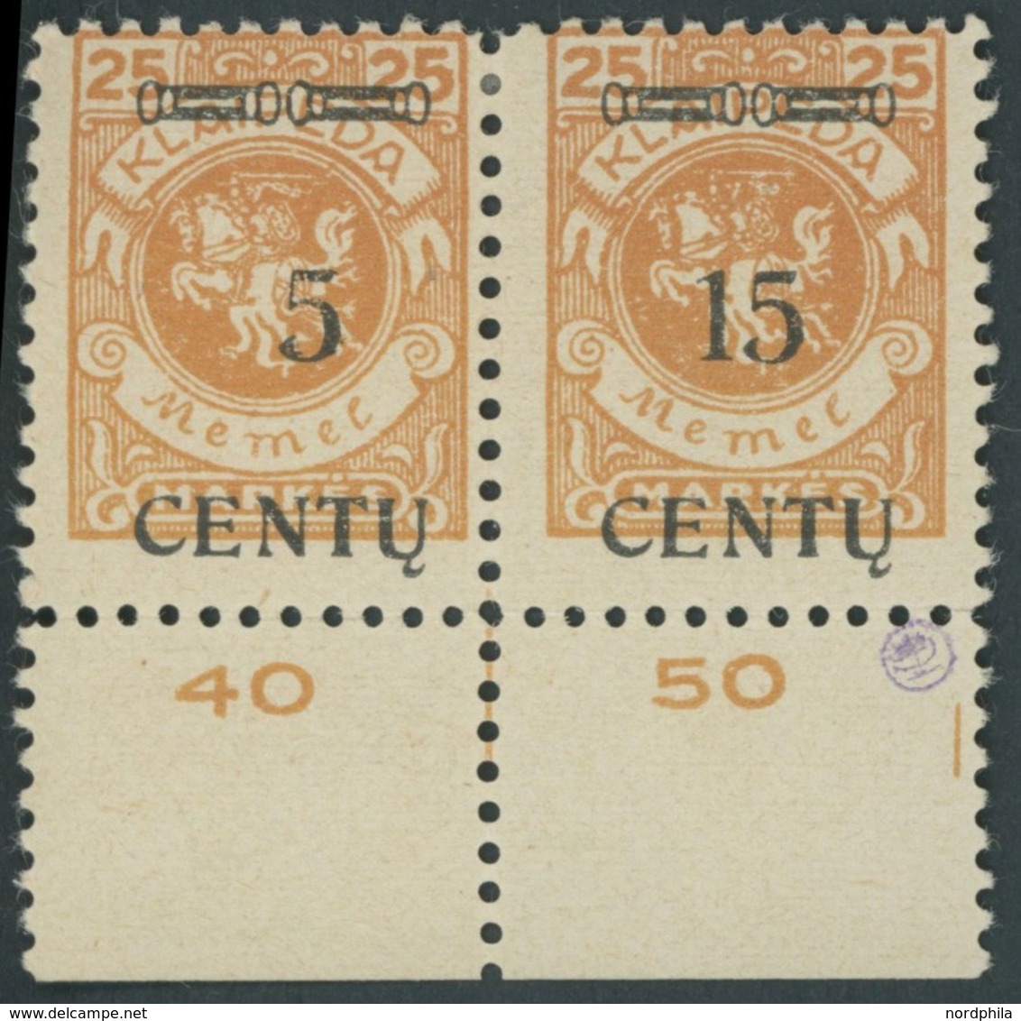 MEMELGEBIET 170PFV *, 1923, 15 C. Auf 25 M. Lebhaftrötlichorange Mit Plattenfehler Aufdruck 5 Statt 15, Im Waagerechten  - Memel (Klaïpeda) 1923