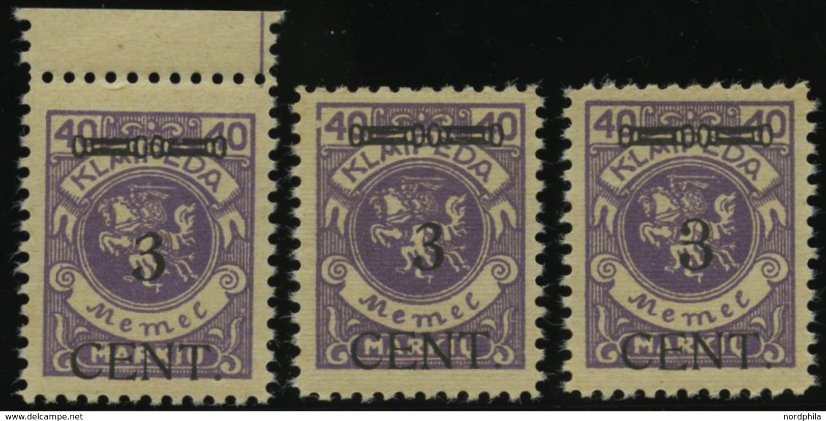 MEMELGEBIET 178 **, 1923, 3 C. Auf 40 M. Lebhaftgrauviolett, Type I,II Und III, 3 Werte Feinst/Pracht - Memel (Klaipeda) 1923