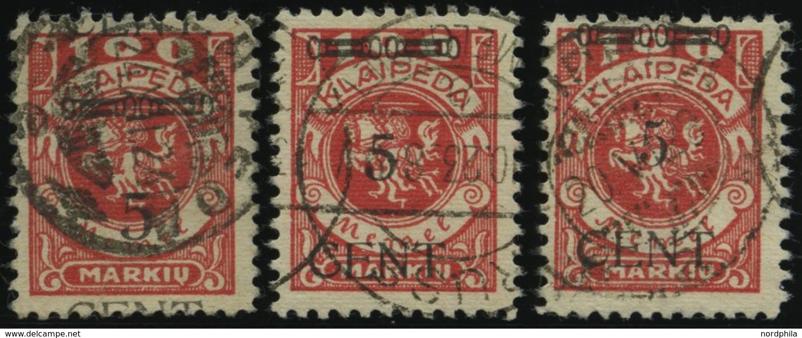 MEMELGEBIET 180I-III O, 1923, 5 C- Auf 100 M. Dunkelrosa, Type I-III, 3 Werte Feinst/Pracht, Gepr. Huylmans - Memel (Klaïpeda) 1923