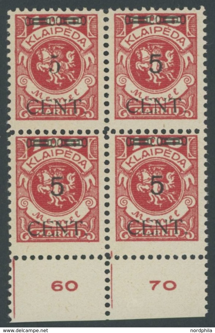 MEMELGEBIET 180III,IV VB **, 1923, 5 C. Auf 100 M. Dunkelrosa, Type III Und IV, Im Unterrandviererblock, Dabei Waagerech - Memelland 1923