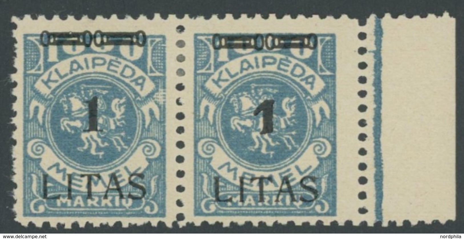 MEMELGEBIET 182W13 *, 1923, 1 L. Auf 1000 M. Grünlichblau, Type VI Und IV Im Waagerechten Typenpaar Mit Rechtem Rand, Fa - Klaipeda 1923