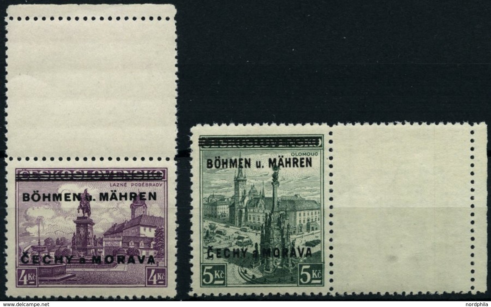 BÖHMEN UND MÄHREN 17LS,18LW **, 1939, 4 Kc. Burg Podiebrad Mit Senkrechtem Leerfeld Und 10 Kc. Pressburg Mit Waagerechte - Other & Unclassified