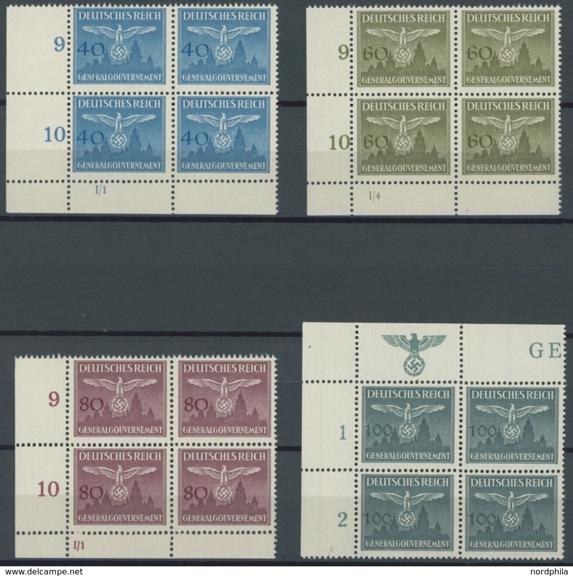 GENERALGOUVERNEMENT D 25-36 VB **, Dienstmarken: 1943, Burg Krakau, Je Im Eckrandviererblock, Bis Auf Mi.Nr. 36 Alle Mit - Bezetting 1938-45