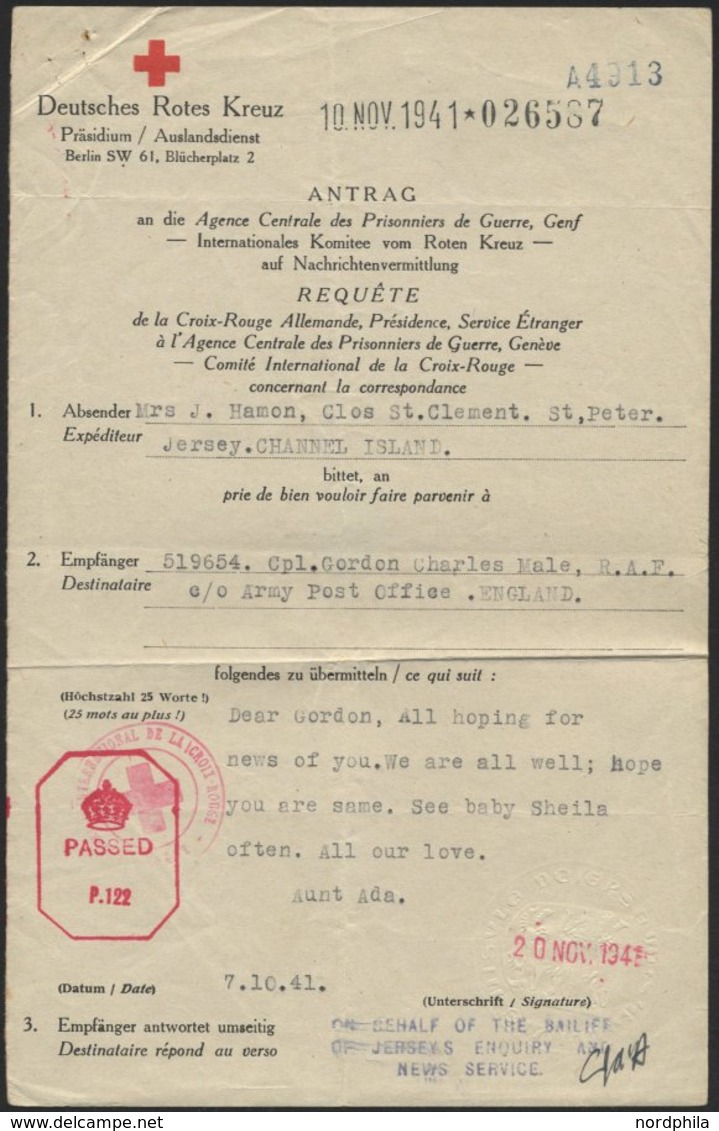 JERSEY 1941, Antrag Auf Nachrichtenvermittlung Des Deutschen Roten Kreuzes, Absender In St. Peter, Jersey, Pracht - Occupazione 1938 – 45