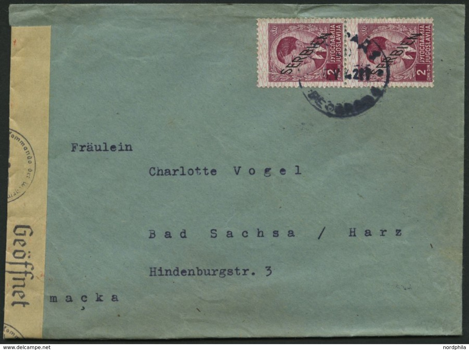 SERBIEN 5 Paar BRIEF, 1941, 2 D. Lilakarmin Im Senkrechten Paar Mit Zensurstreifen Auf Bedarfsbrief, Feinst - Occupation 1938-45
