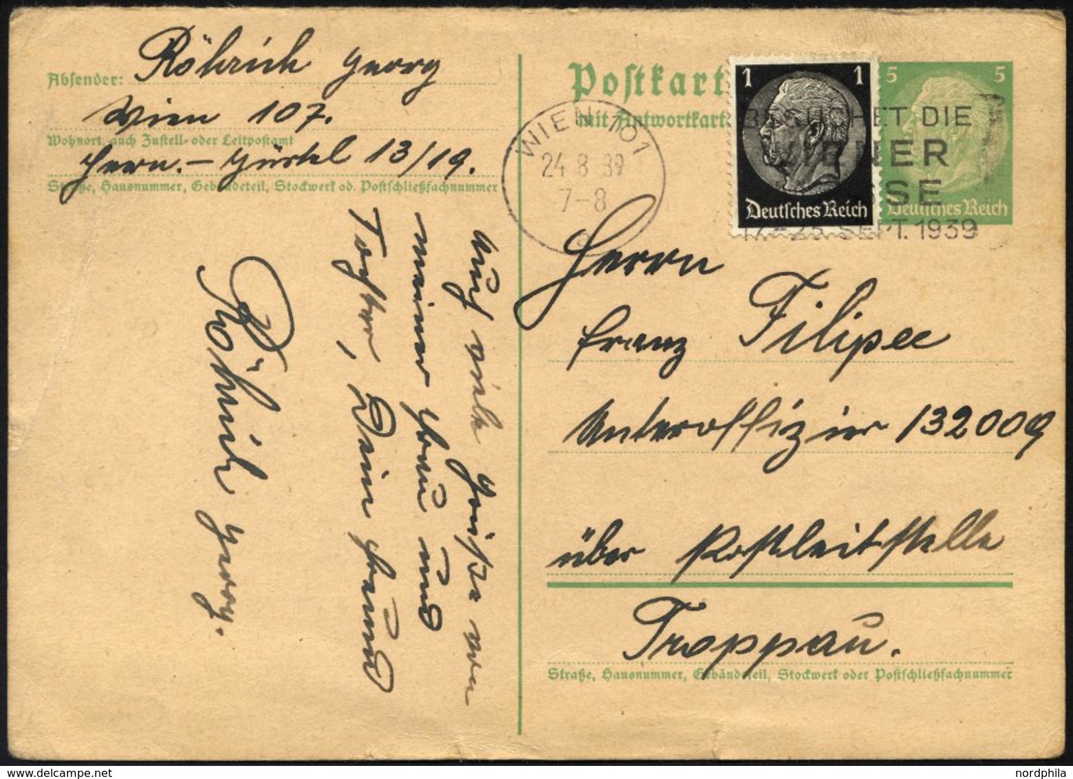 FELDPOST II. WK BELEGE P 225,512 BRIEF, Übungspost 1939: 5 Pf. Hindenburg- Ganzsachenkarte Mit 1 Pf. Zusatzfrankatur Auf - Occupation 1938-45