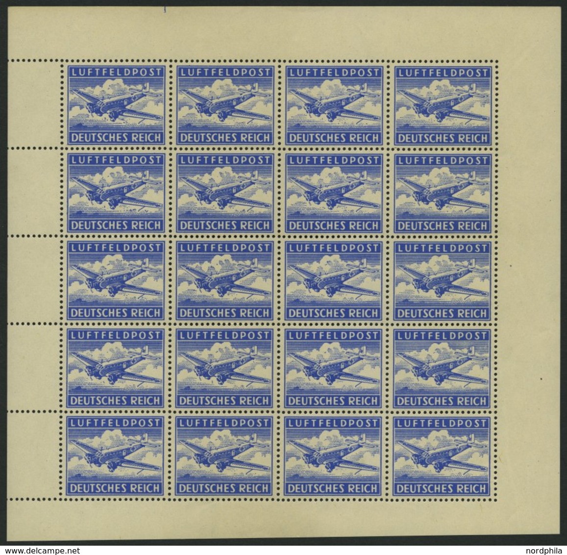 PROPAGANDAFÄLSCHUNGEN 27 **, 1944, Zulassungsmarke Für Luftfeldpostbriefe (Mi.Nr. 1 KFä) Im Postfrischen Bogen (20), Pra - Occupation 1938-45