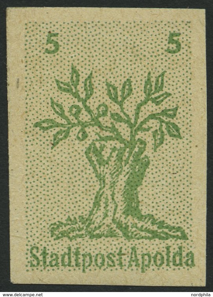 APOLDA 1IIU **, 1945, 5 Pf. Grün, Bögen Nach Unten, Ungezähnt, Pracht, Gepr. Sturm, Mi. 65.- - Postes Privées & Locales