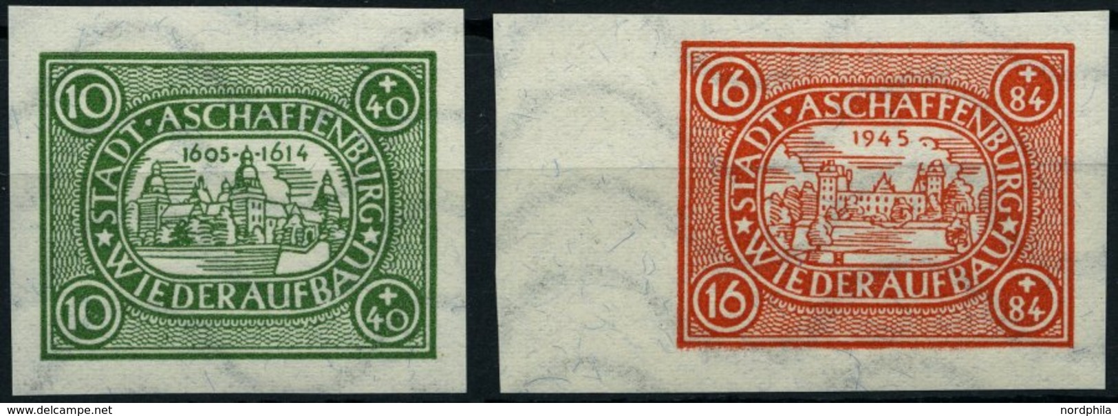 ASCHAFFENBURG II/IIIBx **, 1946, 10 Pf. Grün Und 16 Pf. Rot, Ungezähnt, Waagerechte Wellenlinien, 2 Prachtwerte, Mi. 72. - Autres & Non Classés