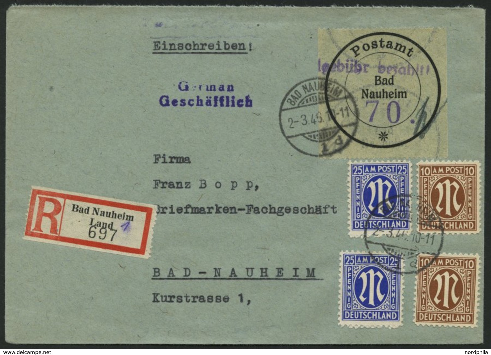 BAD NAUHEIM A 3 BRIEF, 1946, 70 Pf. Schwarz/violett Mit 70 Pf. AM-Post Zusatzfrankatur Auf Orts-Einschreibbrief, Pracht, - Private & Lokale Post