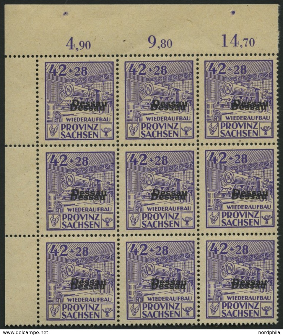 DESSAU IIIADD **, 1946, 42 Pf. Wiederaufbau, Gezähnt, Mit Doppeltem Aufdruck Im Neunerblock Aus Der Linken Oberen Bogene - Private & Lokale Post