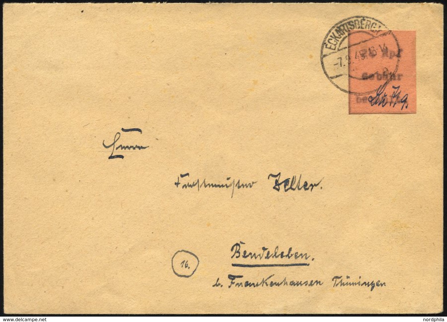 ECKARTSBERGA 3I BRIEF, 1945, 24 Pf. Schwarz Auf Hellbraun, Signum Bu (Busch), Einzelfrankatur Auf Prachtbrief Vom 7.9.,  - Private & Lokale Post