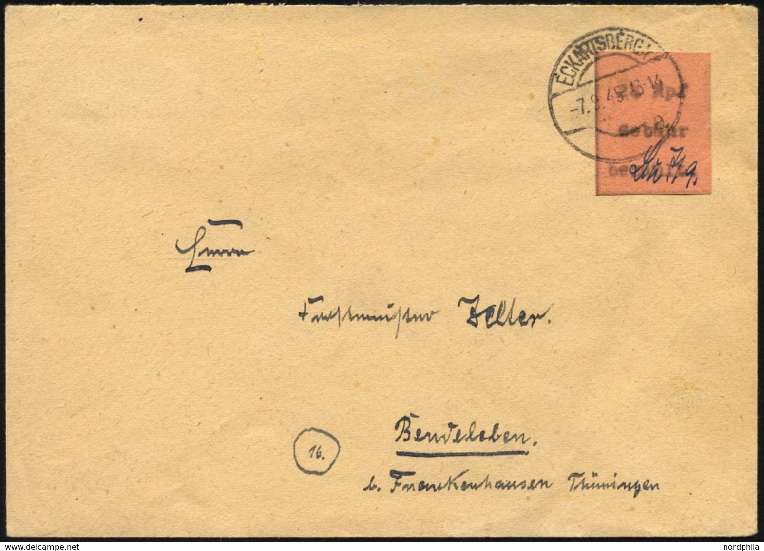 ECKARTSBERGA 3I BRIEF, 1945, 24 Pf. Schwarz Auf Hellbraun, Signum Bu (Busch), Einzelfrankatur Auf Prachtbrief Vom 7.9.,  - Postes Privées & Locales