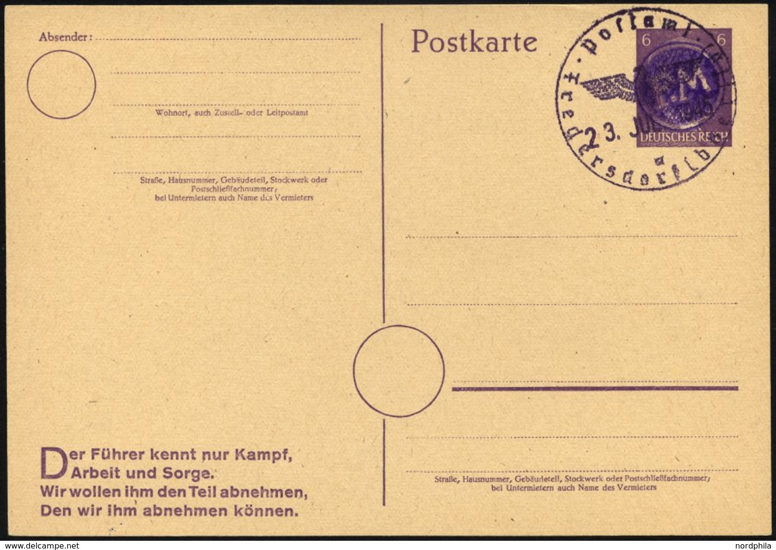 FREDERSDORF DR P 314 BRIEF, 1945, 6 Pf. Hitler-Ganzsachenkarte Mit Seltenem Dienststempel, Leer Gestempelt, Pracht, Gepr - Correos Privados & Locales