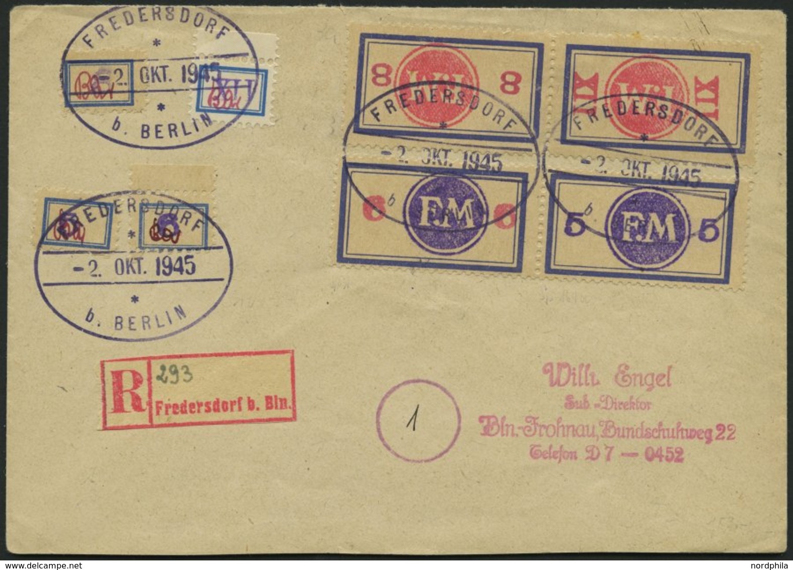 FREDERSDORF Sp 104bz BRIEF, 1945, XII Pf., Rahmengröße 14x9.5 Mm, Wertziffer Bläulichviolett, Mit Signum, Kreidepapier,  - Correos Privados & Locales