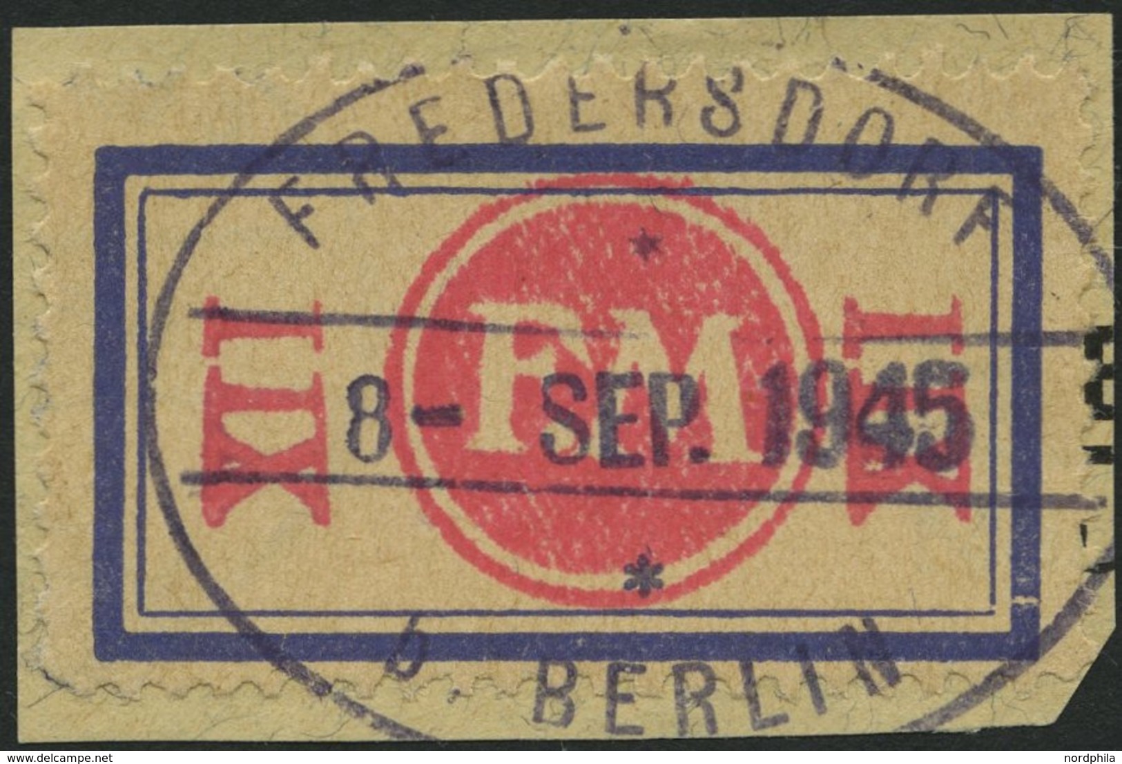 FREDERSDORF Sp 164F BrfStk, 1945, XII Pf., Rahmengröße 38x21 Mm, Mit Abart Aufdruck Mittelrosa, Prachtbriefstück, Gepr.  - Correos Privados & Locales