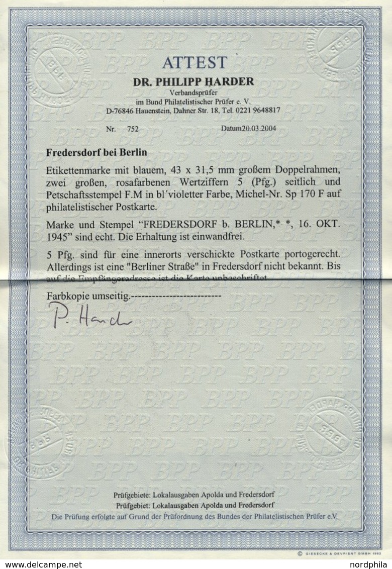 FREDERSDORF Sp 170F BRIEF, 1945, 5 Pf., Rahmengröße 43x31.5 Mm, Große Wertziffern, Mit Abart Wertziffern Seitlich, Auf P - Postes Privées & Locales